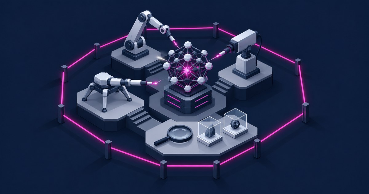 Isometric grey platforms where robotic arms and a scanner aim pink beams at a glowing node polyhedron, ringed by neon posts beside two glass cases