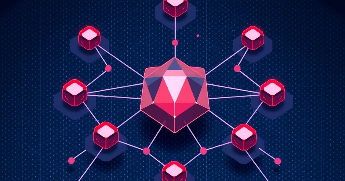A glowing red faceted core linked by lines to red cube nodes on a dark blue dotted grid, evoking a security scanner watching over an LLM network