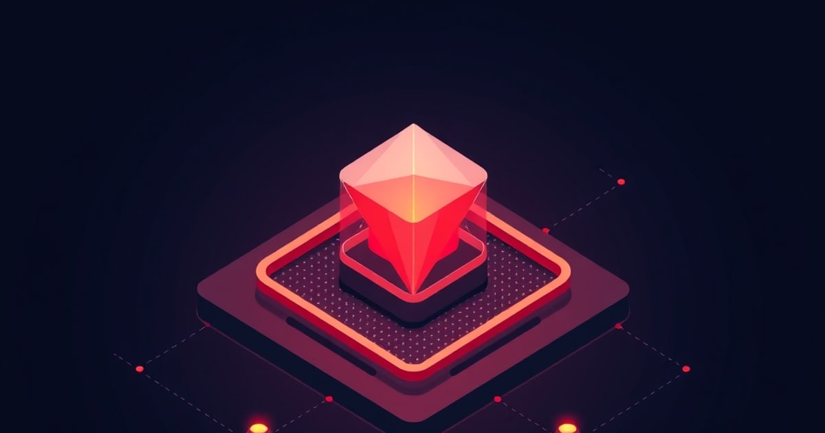 Flat isometric illustration of a red faceted pyramid enclosed by a glowing rectangular firewall gate ring on a dark plinth, with dashed node paths at each corner