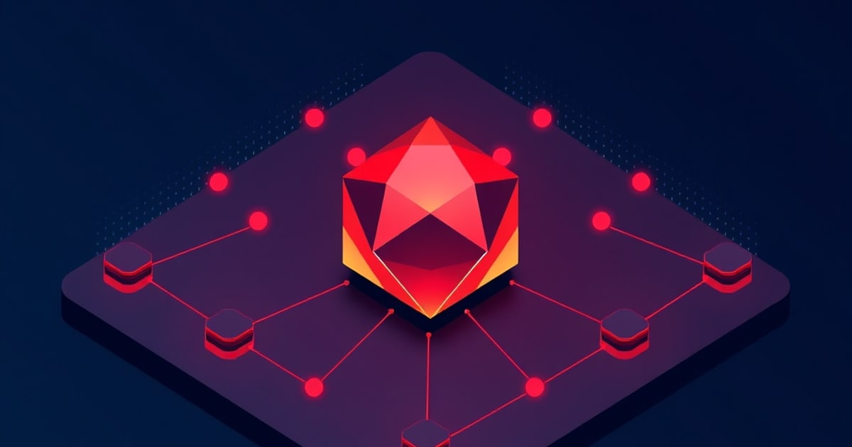 Flat isometric illustration of a crimson faceted gem centred on a rounded purple platform, red traces linking hexagonal pucks and glowing red dots.