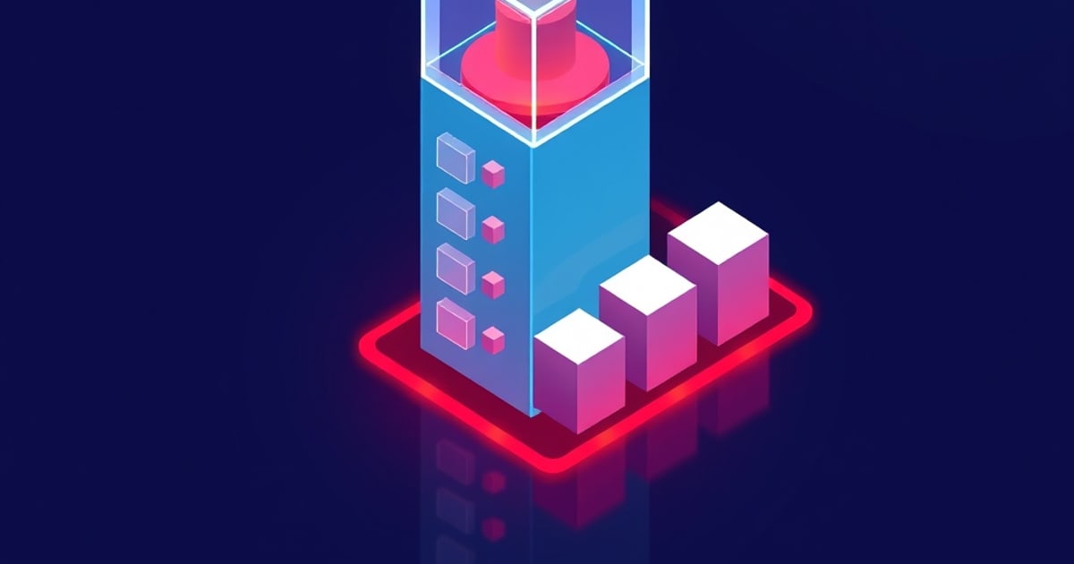 Isometric blue server tower with checklist-like squares and a red core in a glass case, next to stepped pink blocks on a glowing red security pad