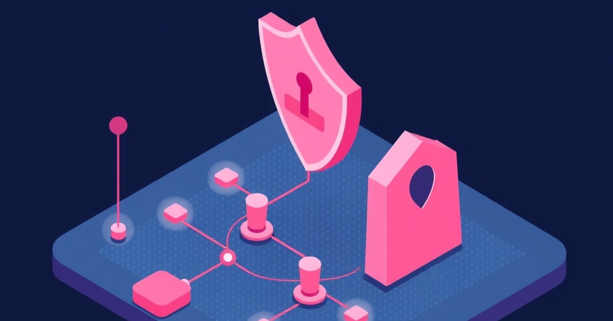 Isometric shield with a keyhole rising over a network of linked sensor nodes on a blue slab, representing tools that screen prompts for injection